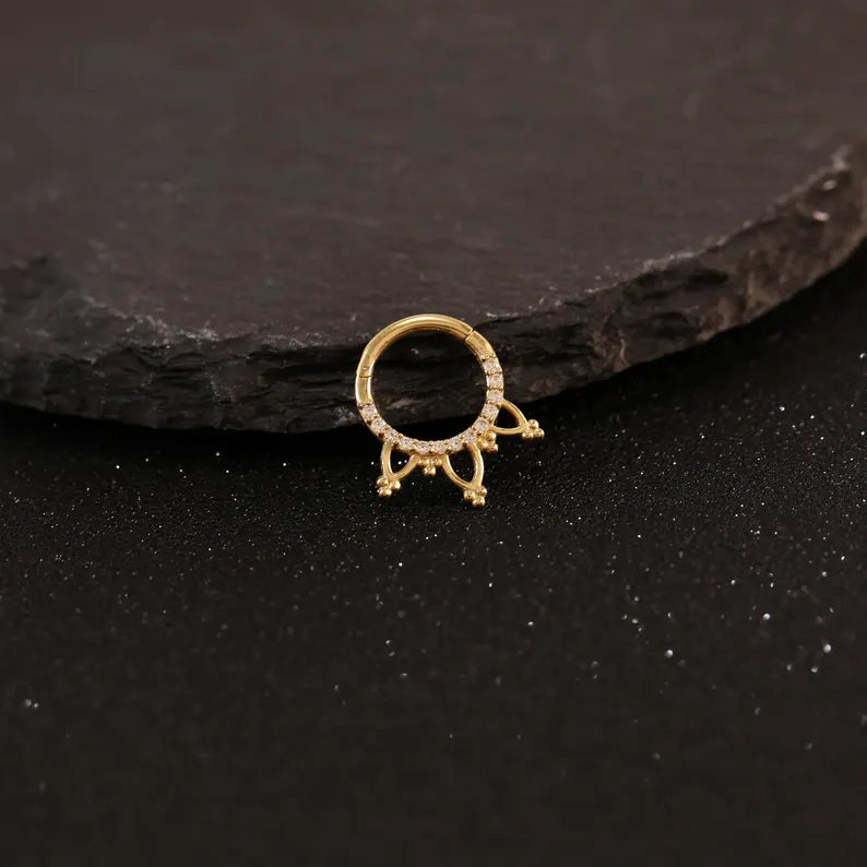 14K Gold Lotus Dangle Septum Hoop 16G