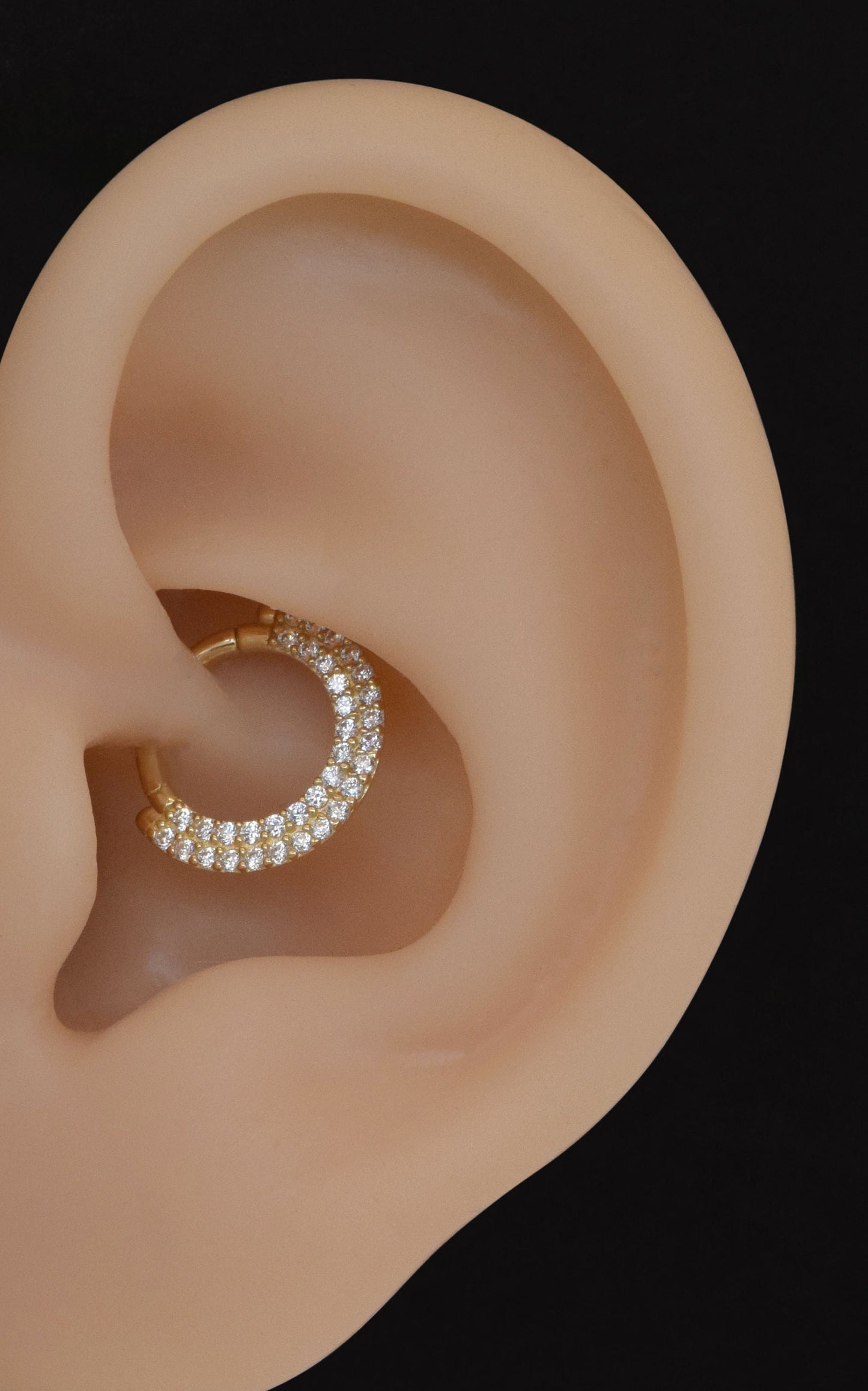 14K Solid Gold Double Row Daith Earring White Cubic Zirconia Septum Ring 18g