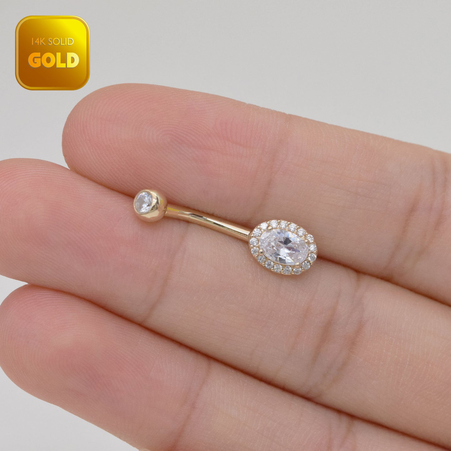 14K Solid Gold Diamond Belly Button Ring 14g Oval Navel Piercing 14g