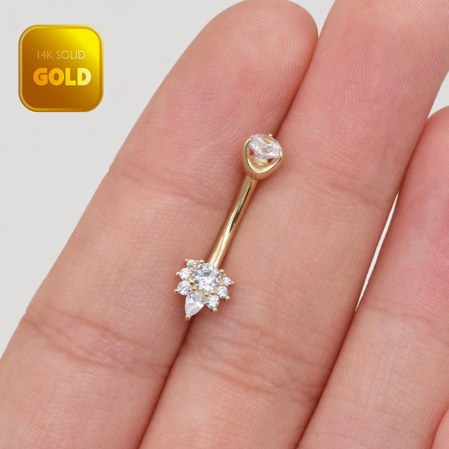 14K Solid Gold Dainty Belly Button Ring Cubic Zirconia Crown Navel Piercing 14g