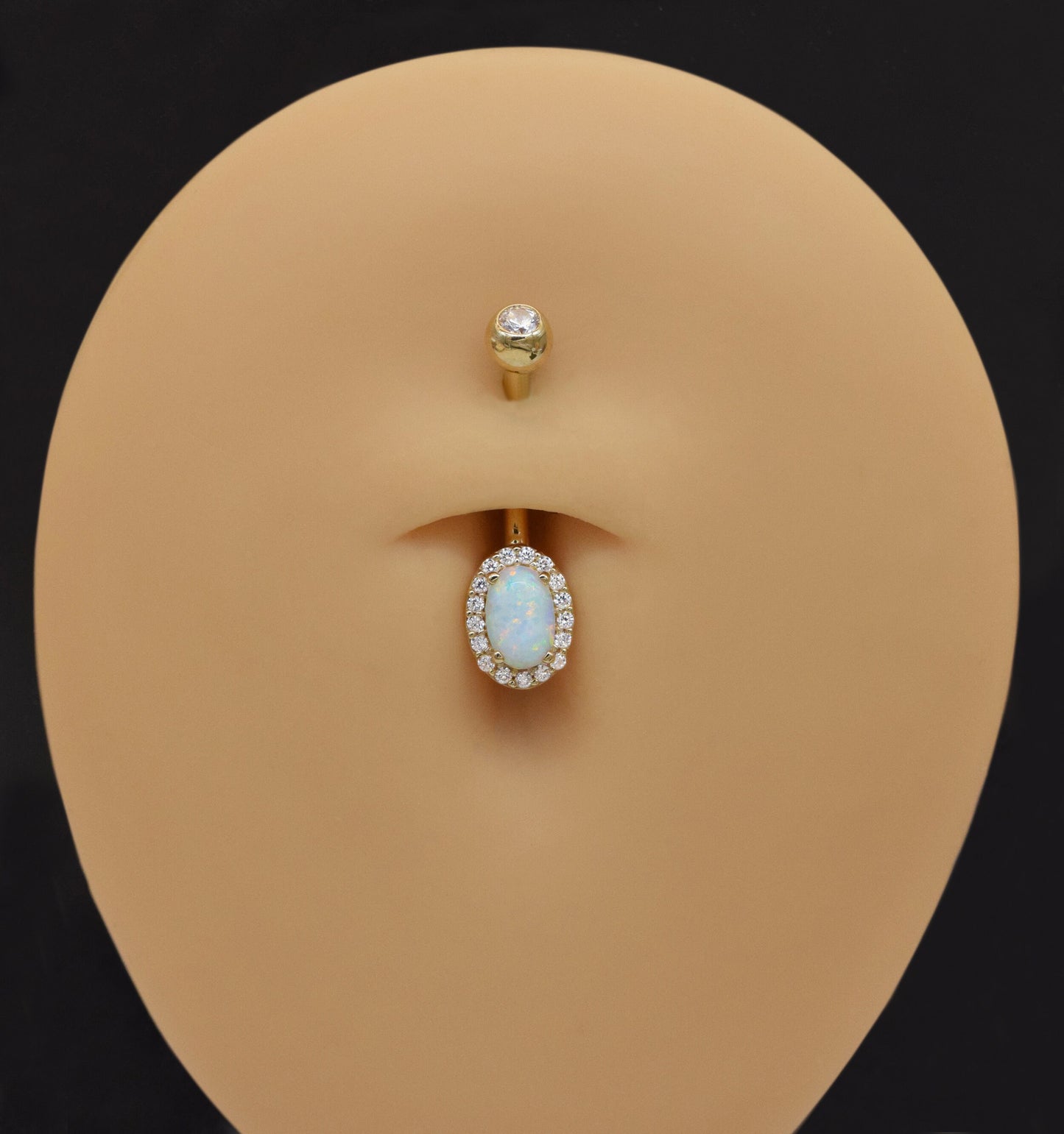 14K Solid Gold Oval Opal Belly Button Ring with Diamond Barbell 14g
