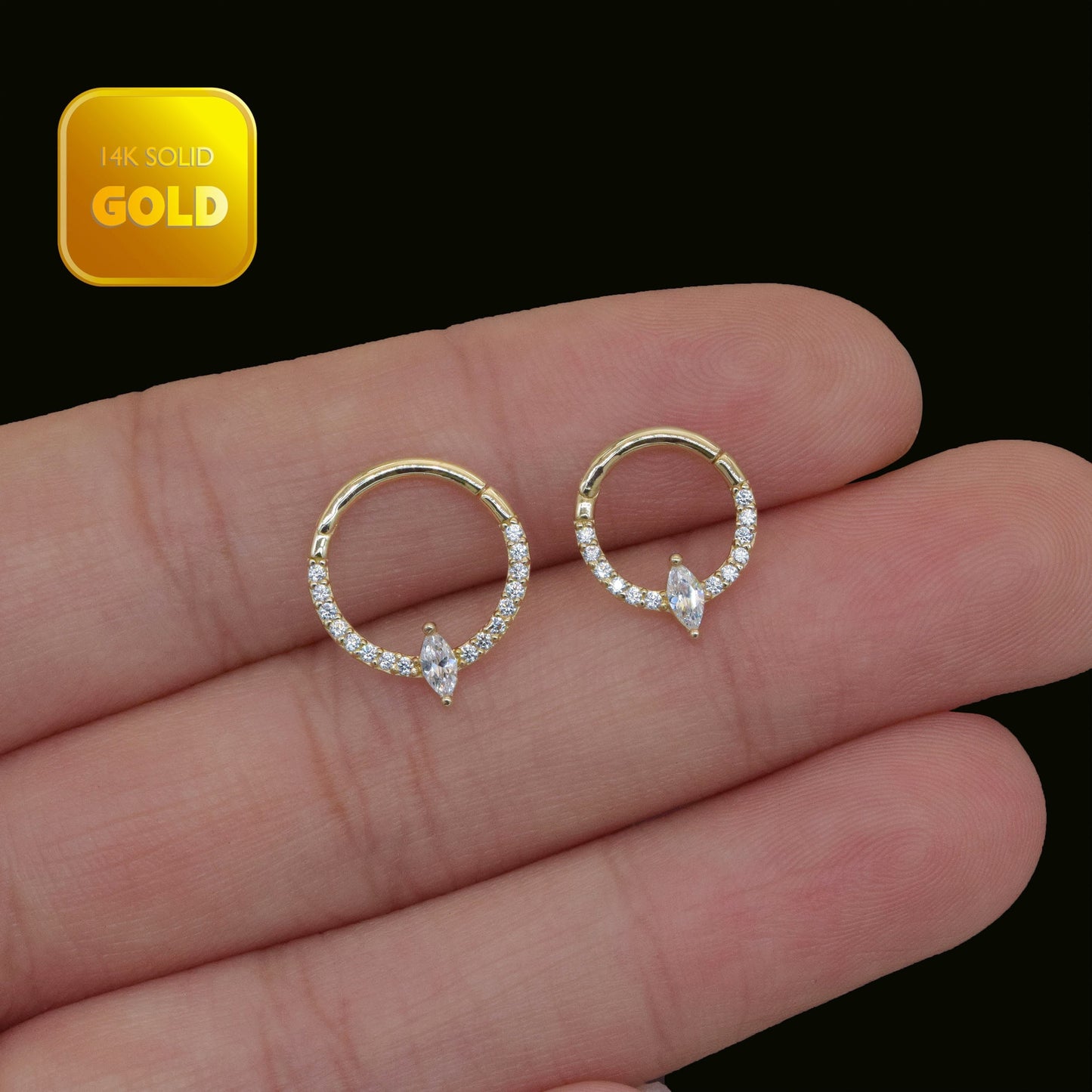 14K Solid Gold Marquise Septum Ring Diamond Daith Ear Clicker Cartilage Hoop 16g