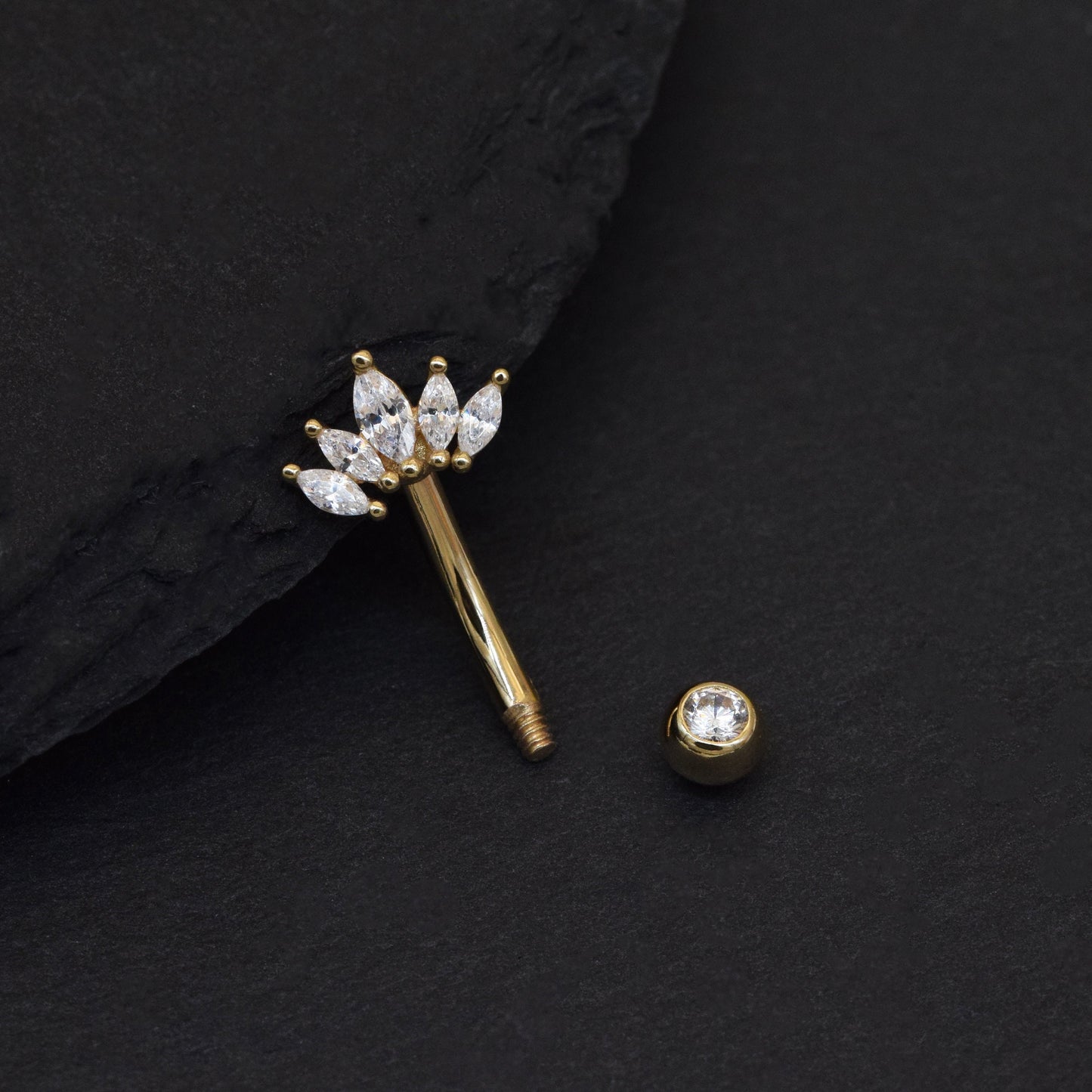 14K Solid Gold Cubic Zirconia Crown Belly Ring Tiara Navel Piercing 14G