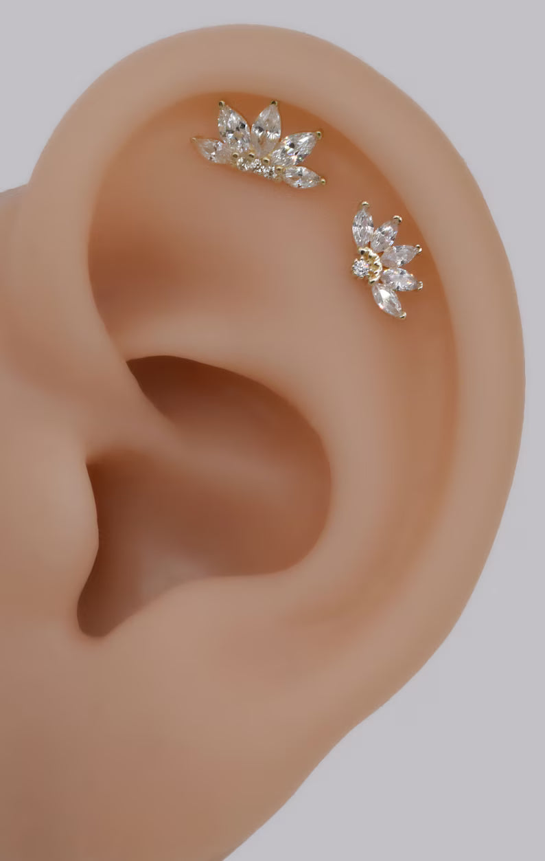 14K Gold Marquise Lotus Cartilage Stud