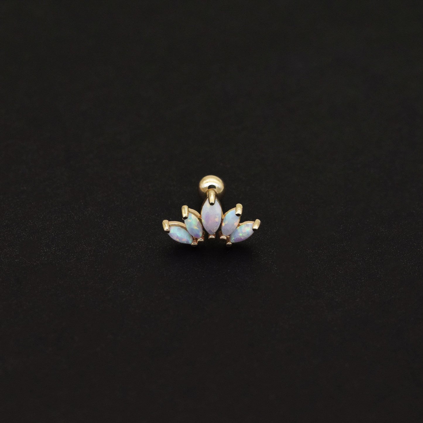 14K Solid Gold Opal Crown Stud Marquise Fan Earring 18g