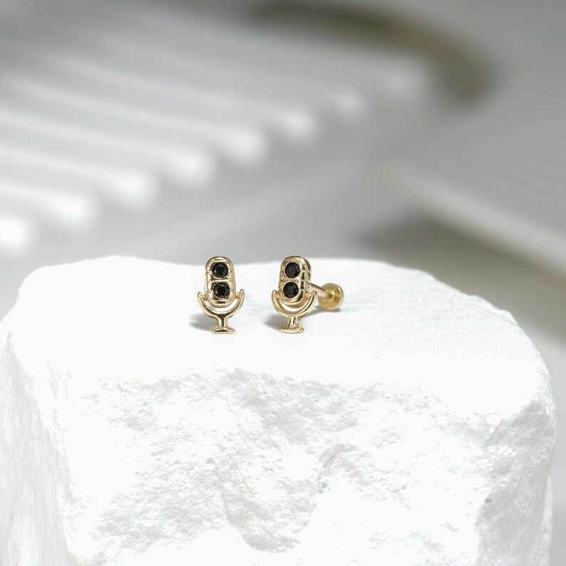 14K Gold Tiny Microphone Flat Back Earring