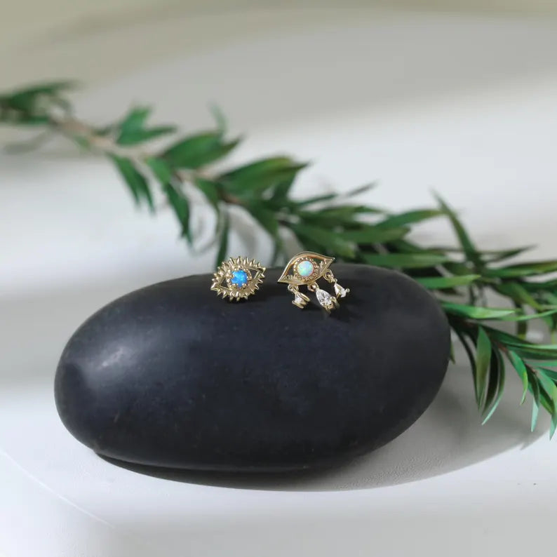 14K Gold Opal Evil Eye Stud