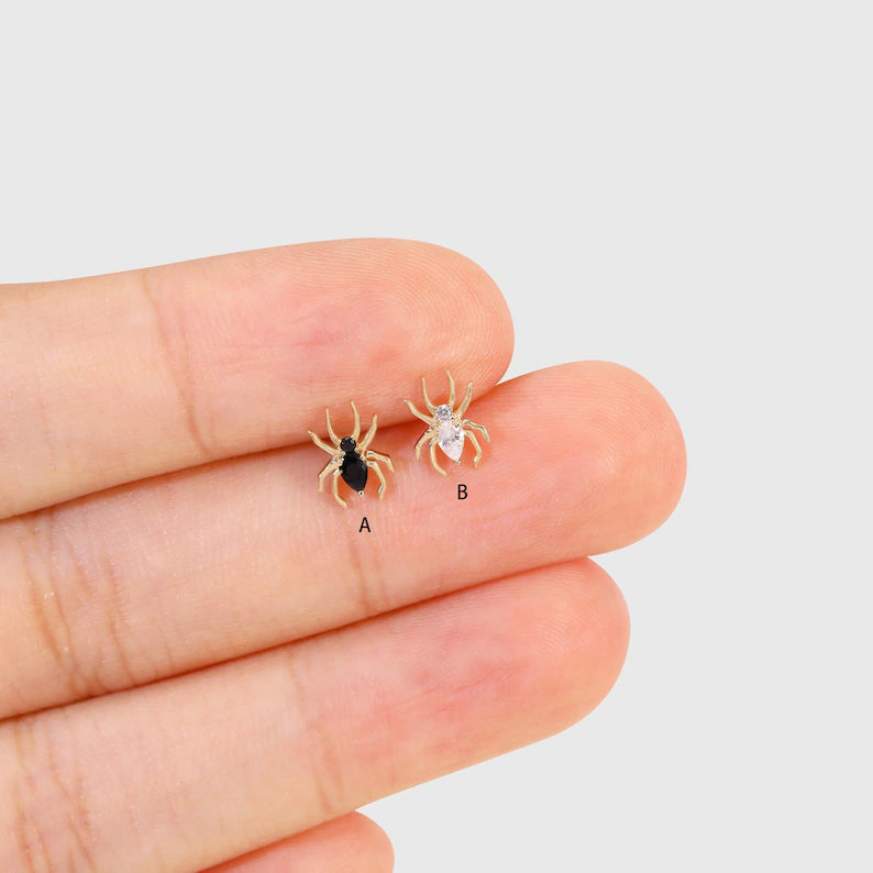 14K Gold Dainty Spider Stud Earrings