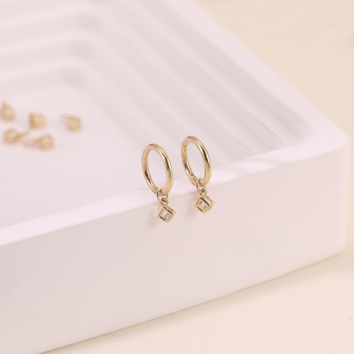 14k Solid Gold Hollow CZ Cube Charm Stud Earring