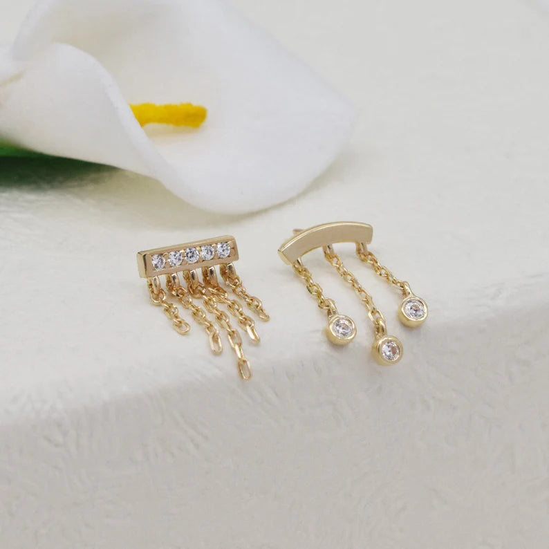 14K Solid Gold Bar Chain Earring