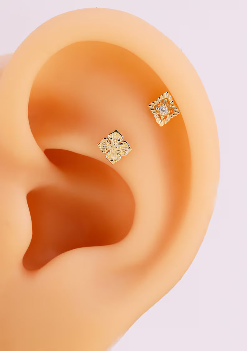 14K Solid Gold Floral Cartilage Helix Stud