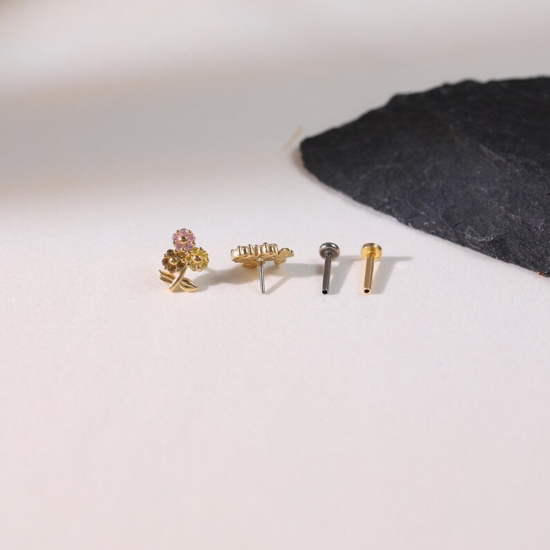 14K Solid Gold Flower Cartilage Stud Flat Back