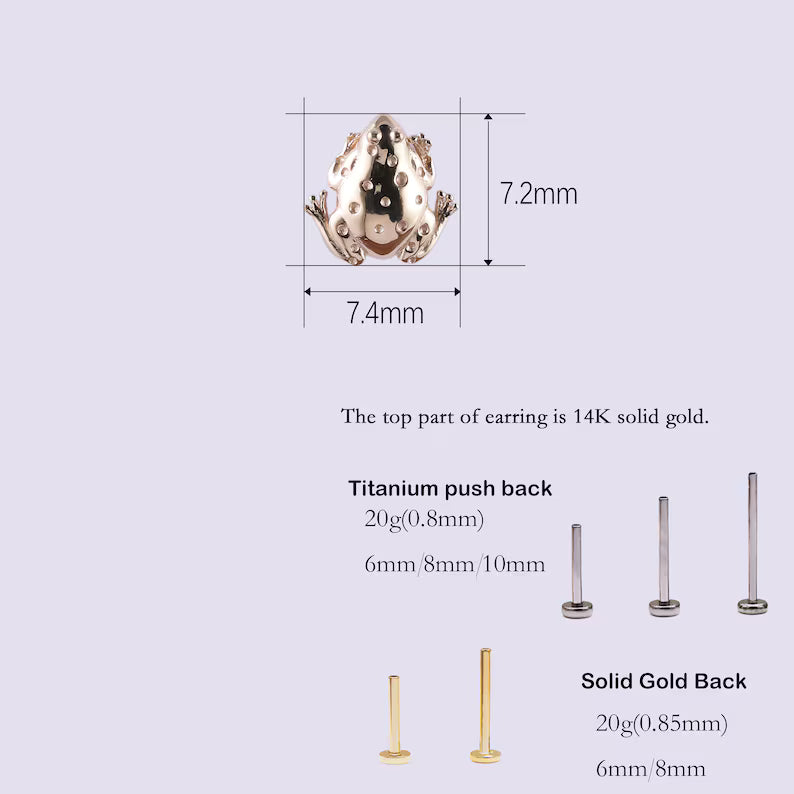 14K Solid Gold Frog Cartilage Stud Earring Flat Back