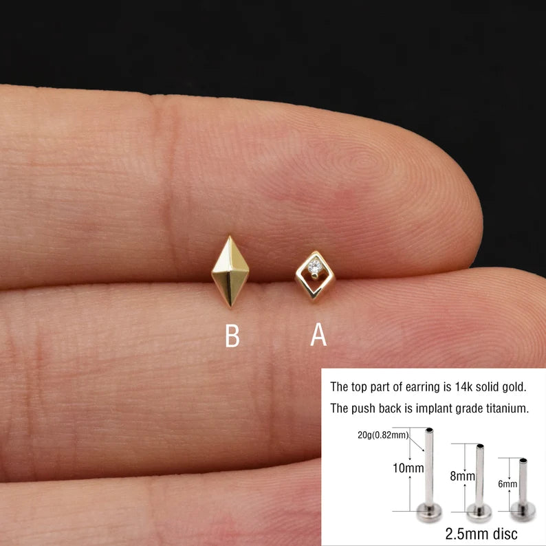 14K Solid Gold Tiny Rhombus Cartilage Stud