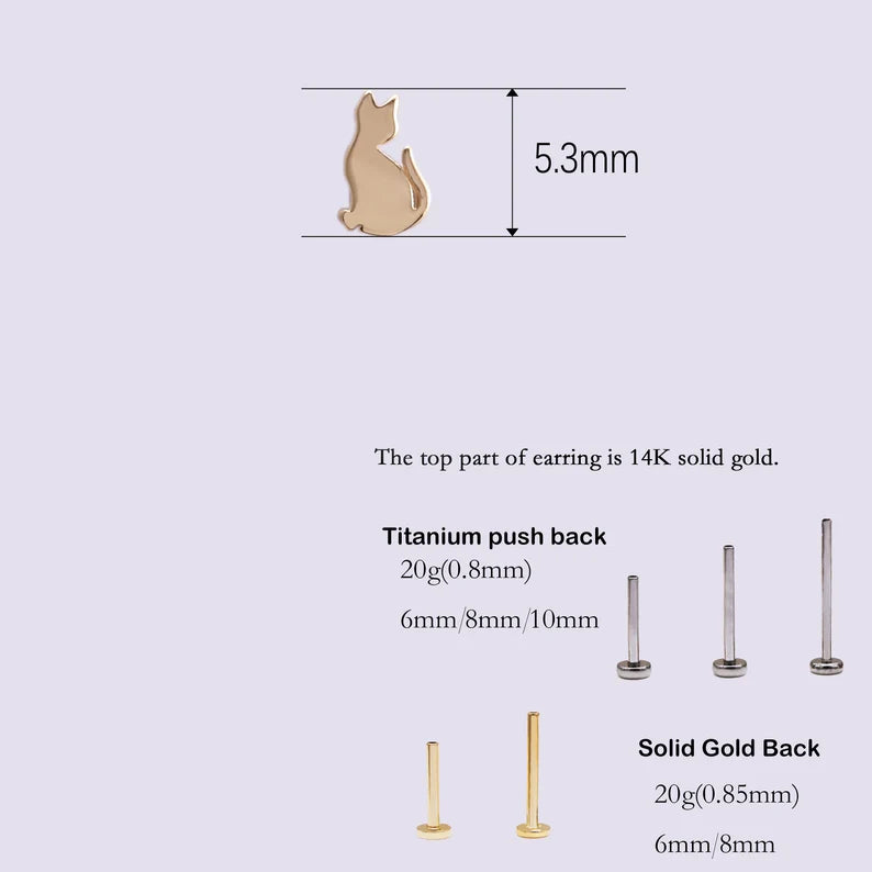 14K Solid Gold Cat Stud Earrings