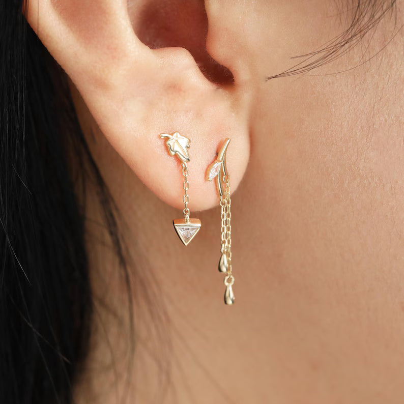 14K Gold Leaf Dangle Cartilage Stud