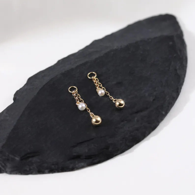 14K Gold Pearl Ball Dangle Chain Helix Earring