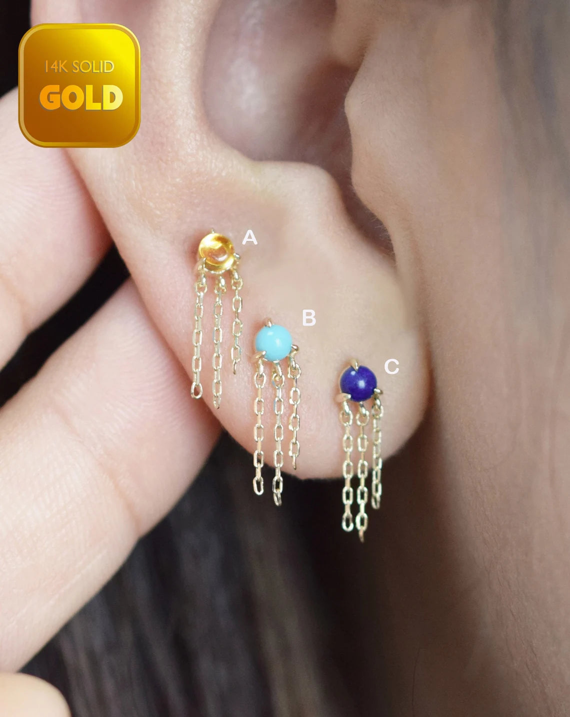 14K Solid Gold Gemstone Dangle Stud Earring