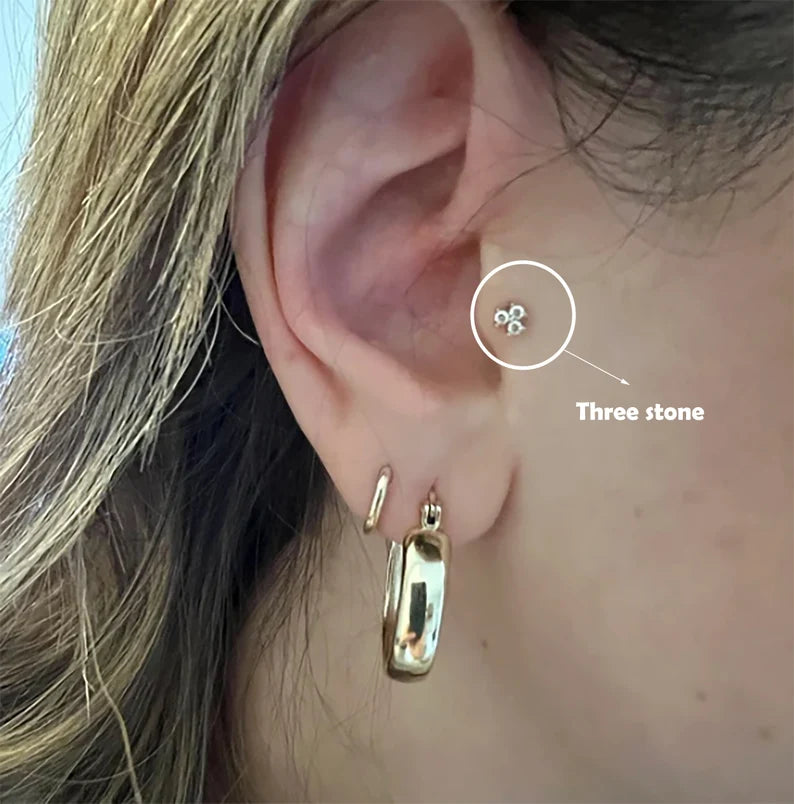 14K Gold Three Stone Cartilage Stud