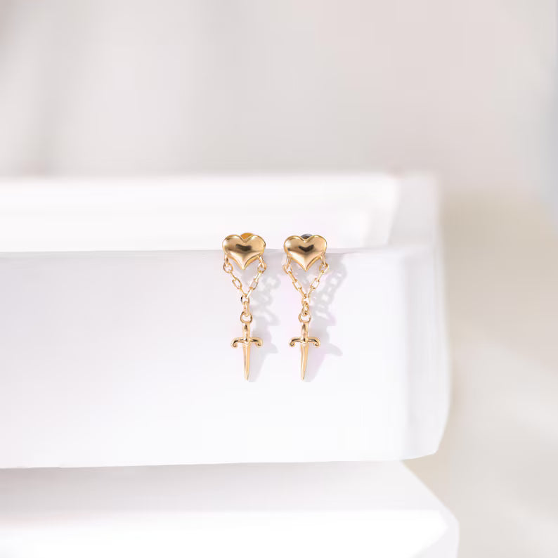 14K Gold Heart Sword Dangle Piercing Studs