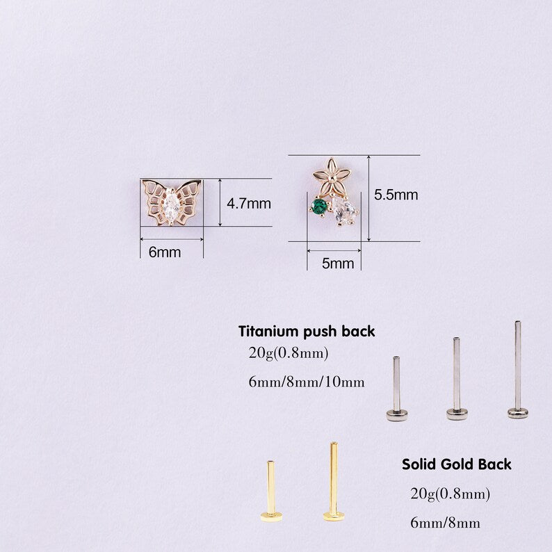 14K Gold Butterfly Cartilage Stud Flat Back