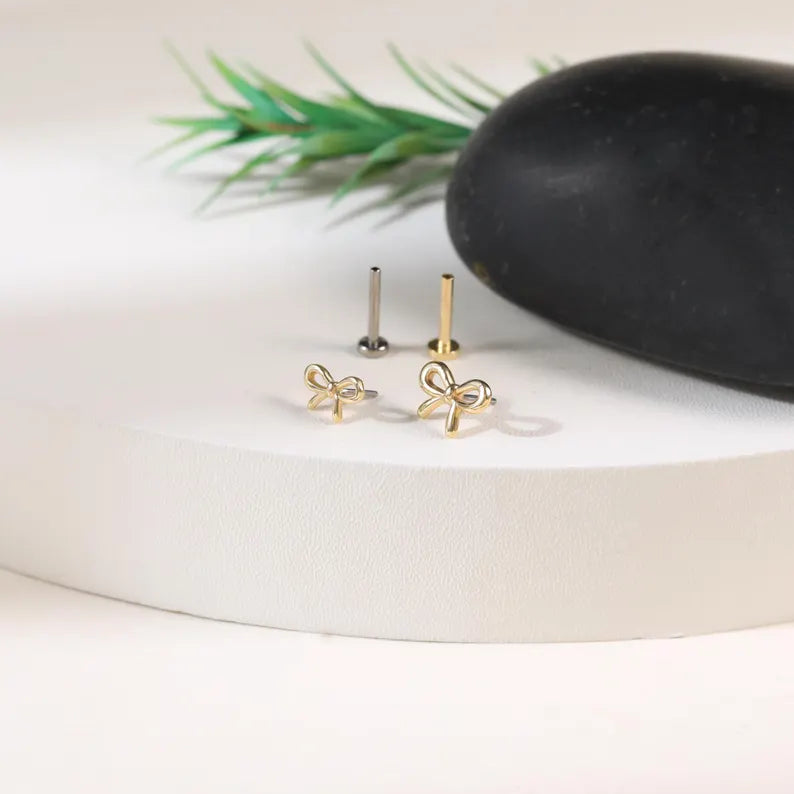 14K Solid Gold Bow Flat Back Earring