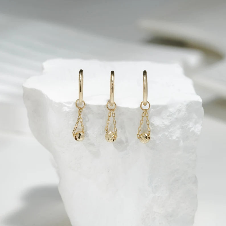 14K Gold Dangle Ball Hoop Earring