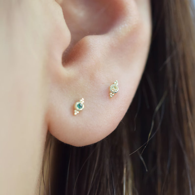 14K Solid Gold Three Bead Helix Stud