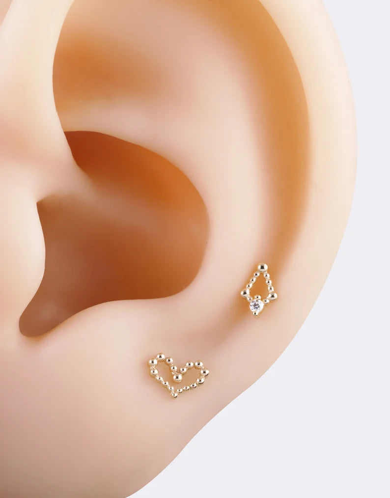 14K Solid Gold Rhombus & Heart Cartilage Studs