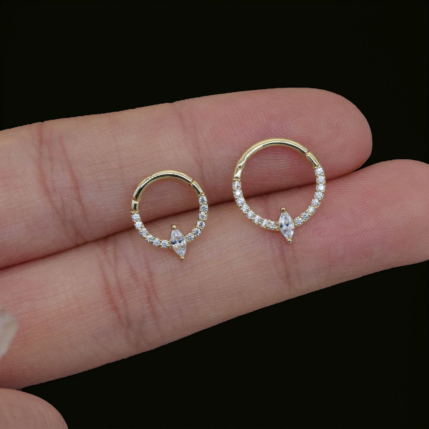 14K Solid Gold Marquise Septum Ring Diamond Daith Ear Clicker Cartilage Hoop 16g