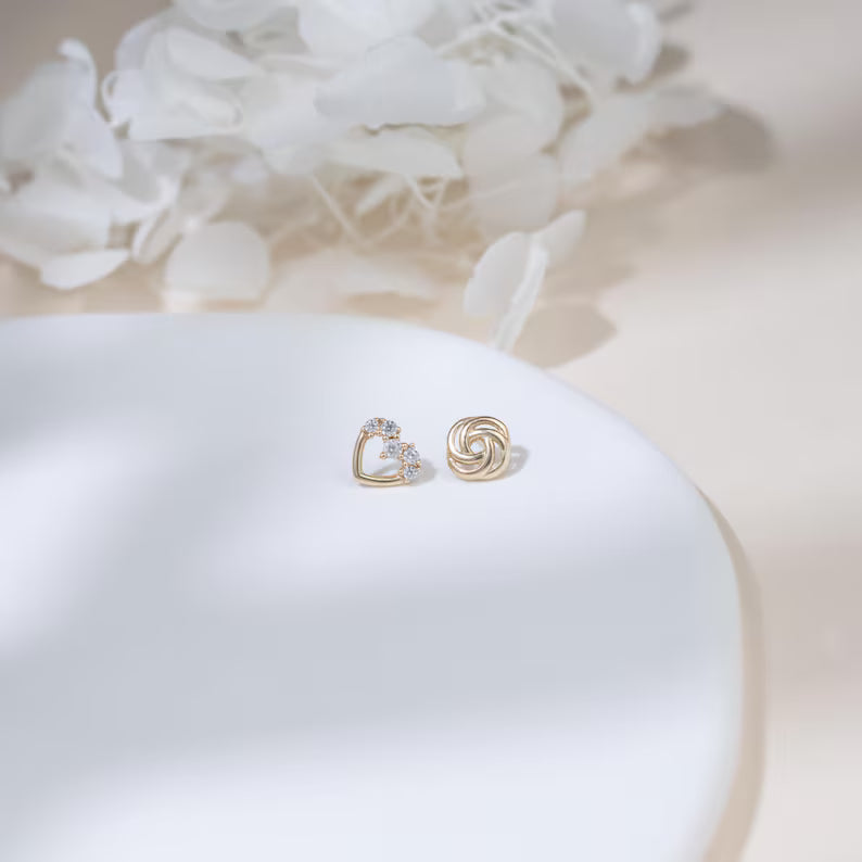 14K Gold Heart Rose Flat Back Studs