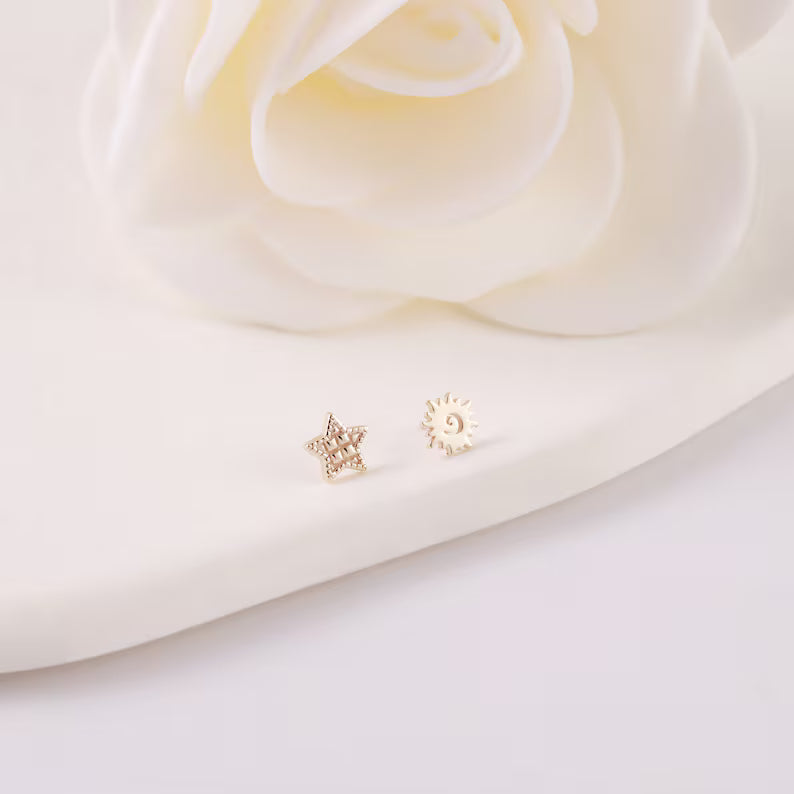 14K Solid Gold Sun & Star Stud Earring for Cartilage