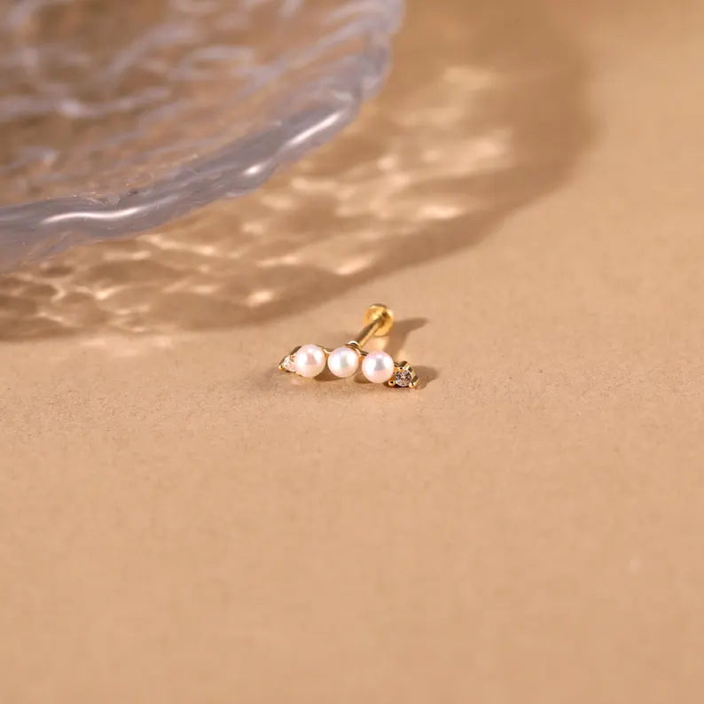 14K Solid Gold Pearl Climber Stud