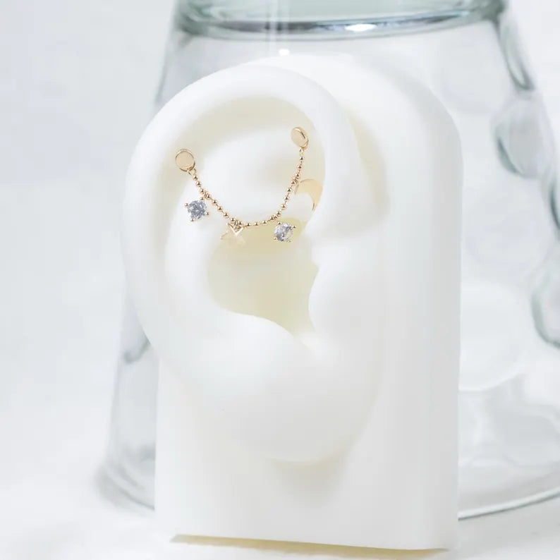 14K Solid Gold Moon & Star Chain Piercing