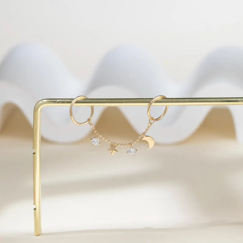 14K Solid Gold Moon & Star Chain Piercing