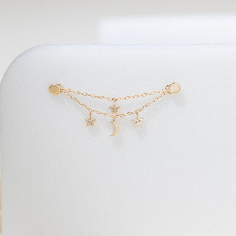 14K Solid Gold Moon Star Chain Charm