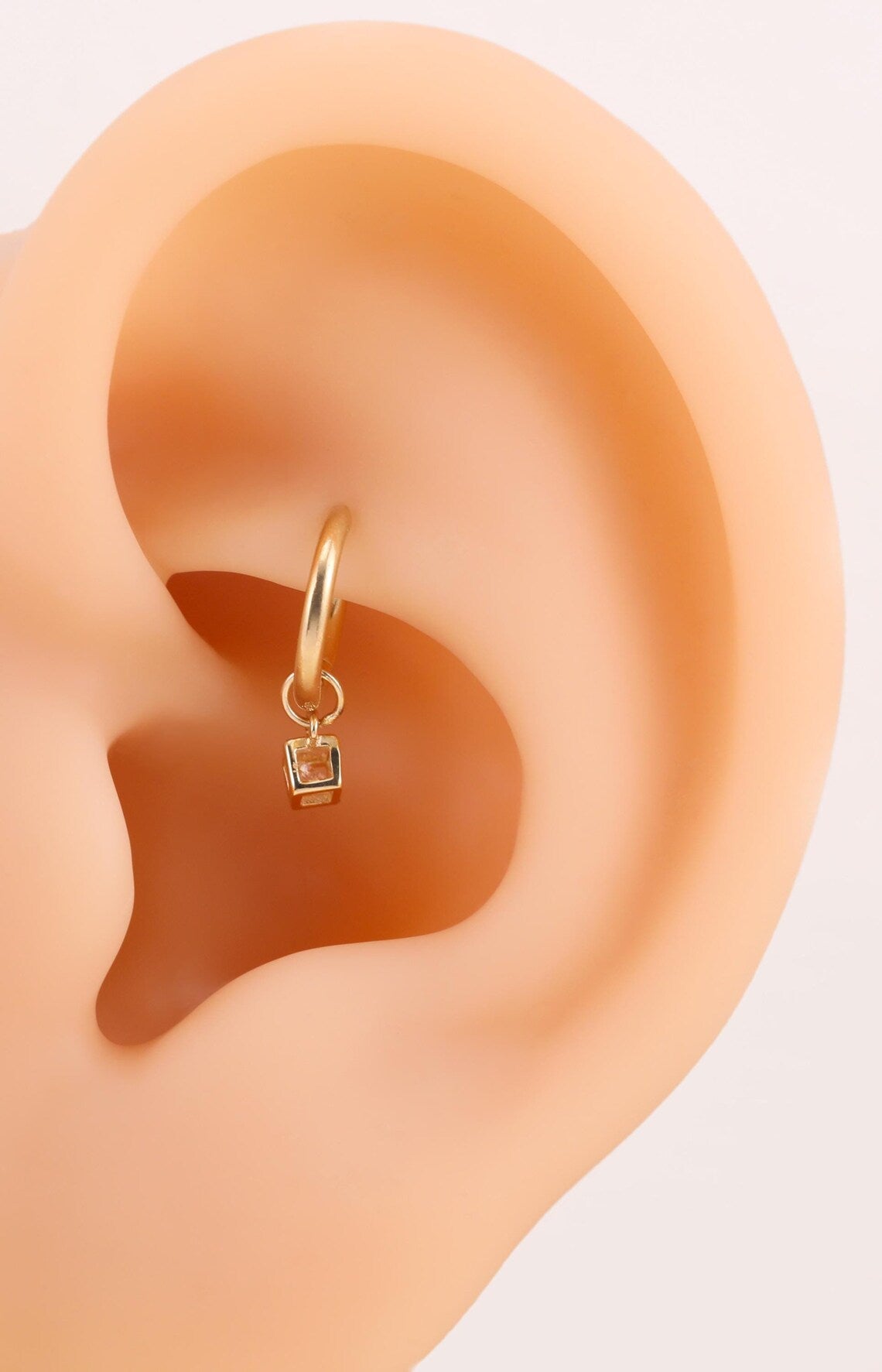 14k Solid Gold Hollow CZ Cube Charm Stud Earring