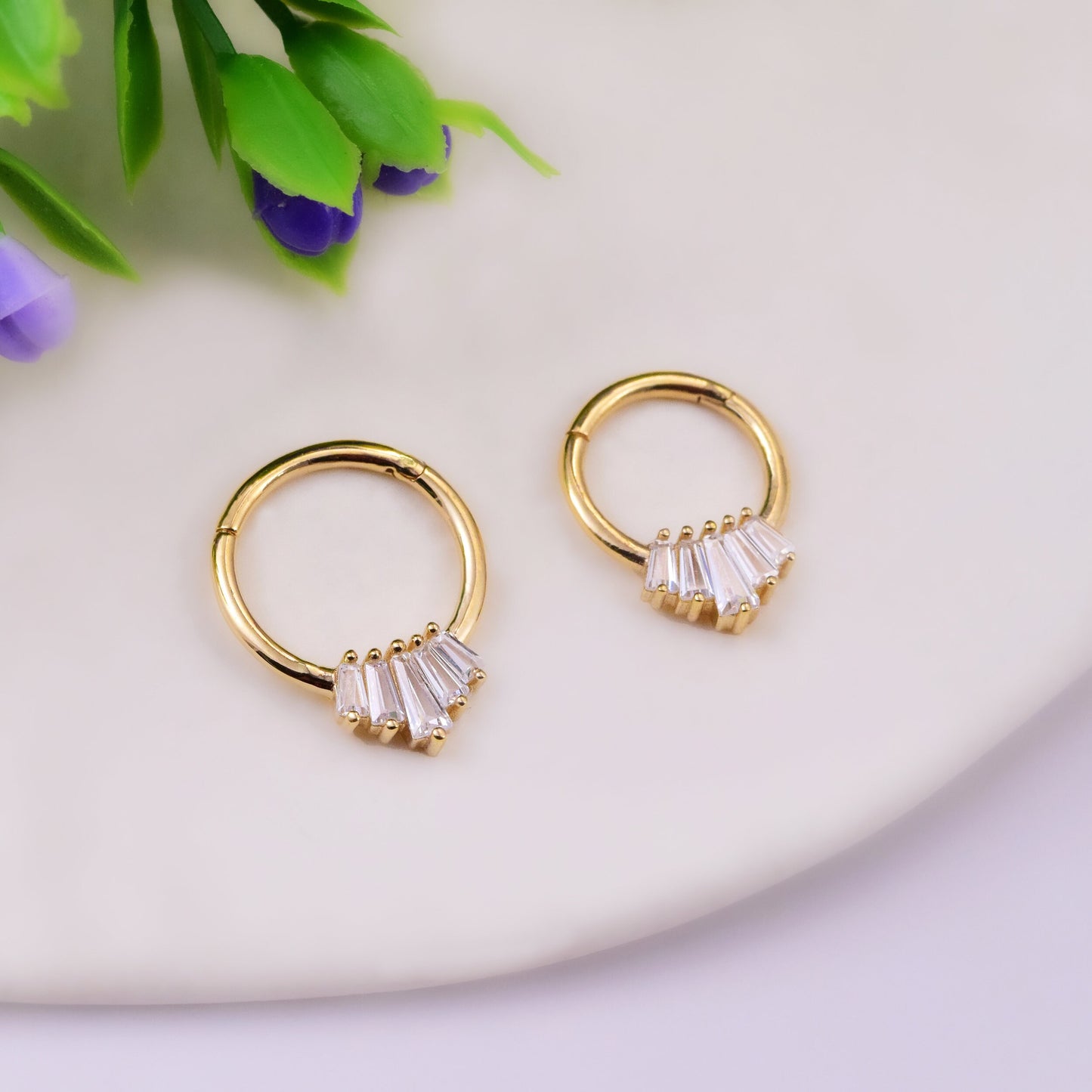 14K Solid Gold Baguette Daith Septum 16g Nose Cartilage Clicker Hoop