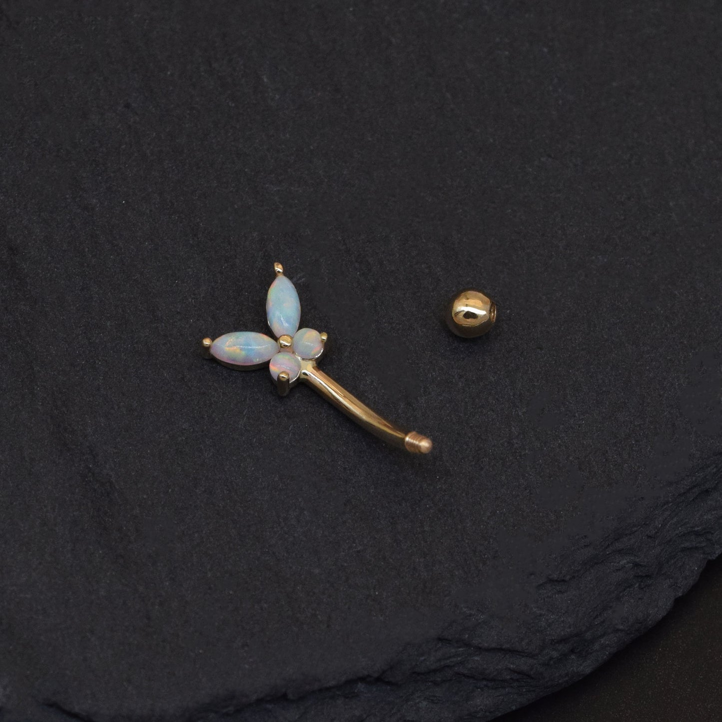 14K Solid Gold Butterfly Opal Curved Barbell 16G