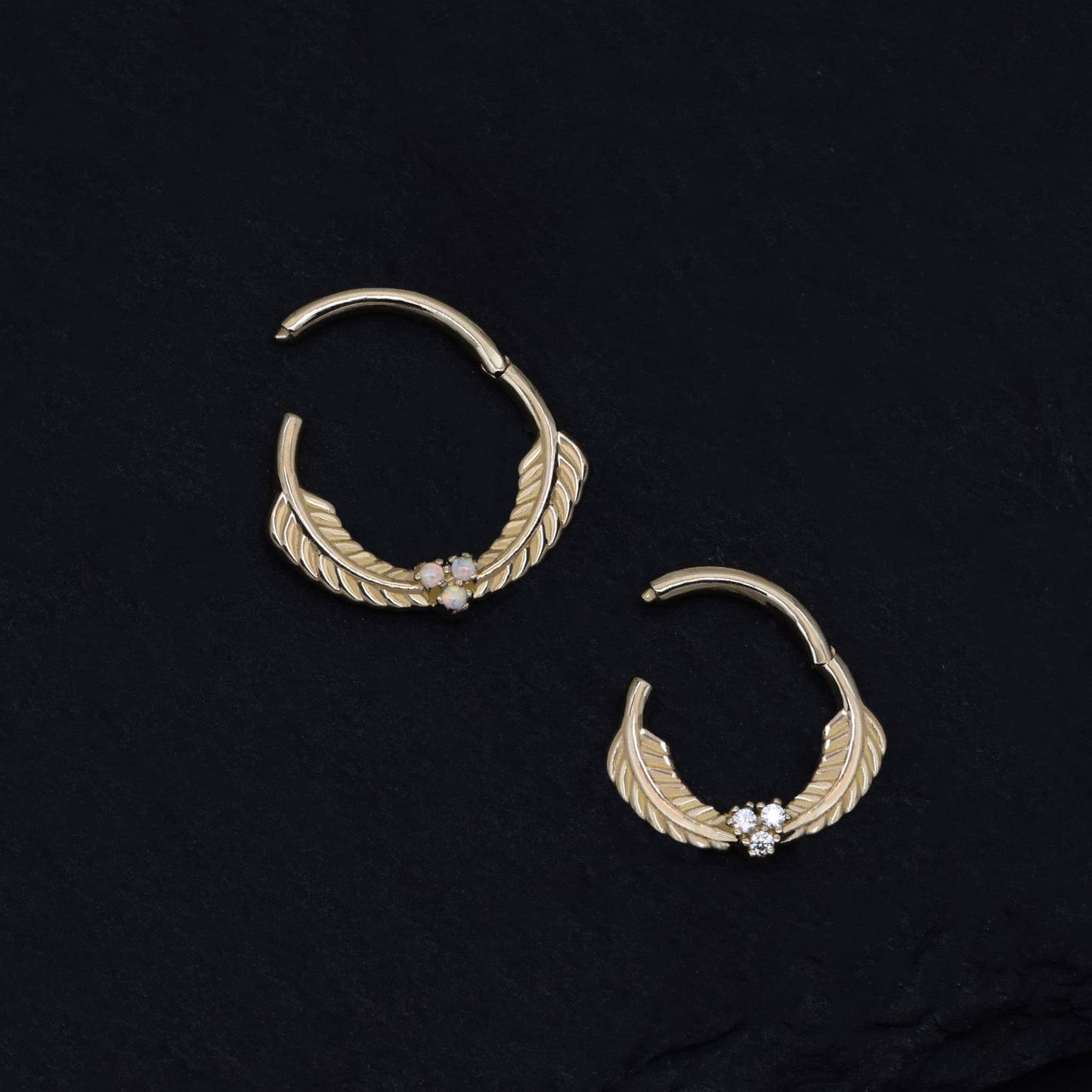 14K Solid Gold Cartilage Hoop Leaf Opal Clicker 16G