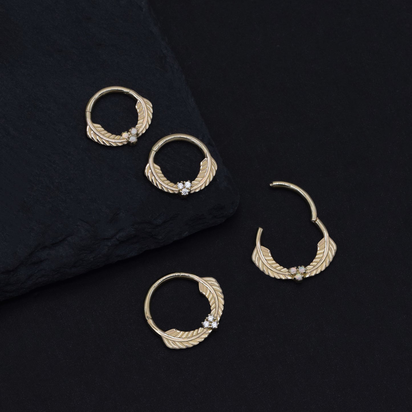 14K Solid Gold Cartilage Hoop Leaf Opal Clicker 16G