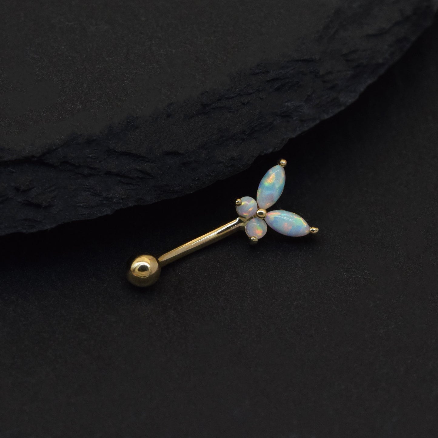 14K Solid Gold Butterfly Opal Curved Barbell 16G