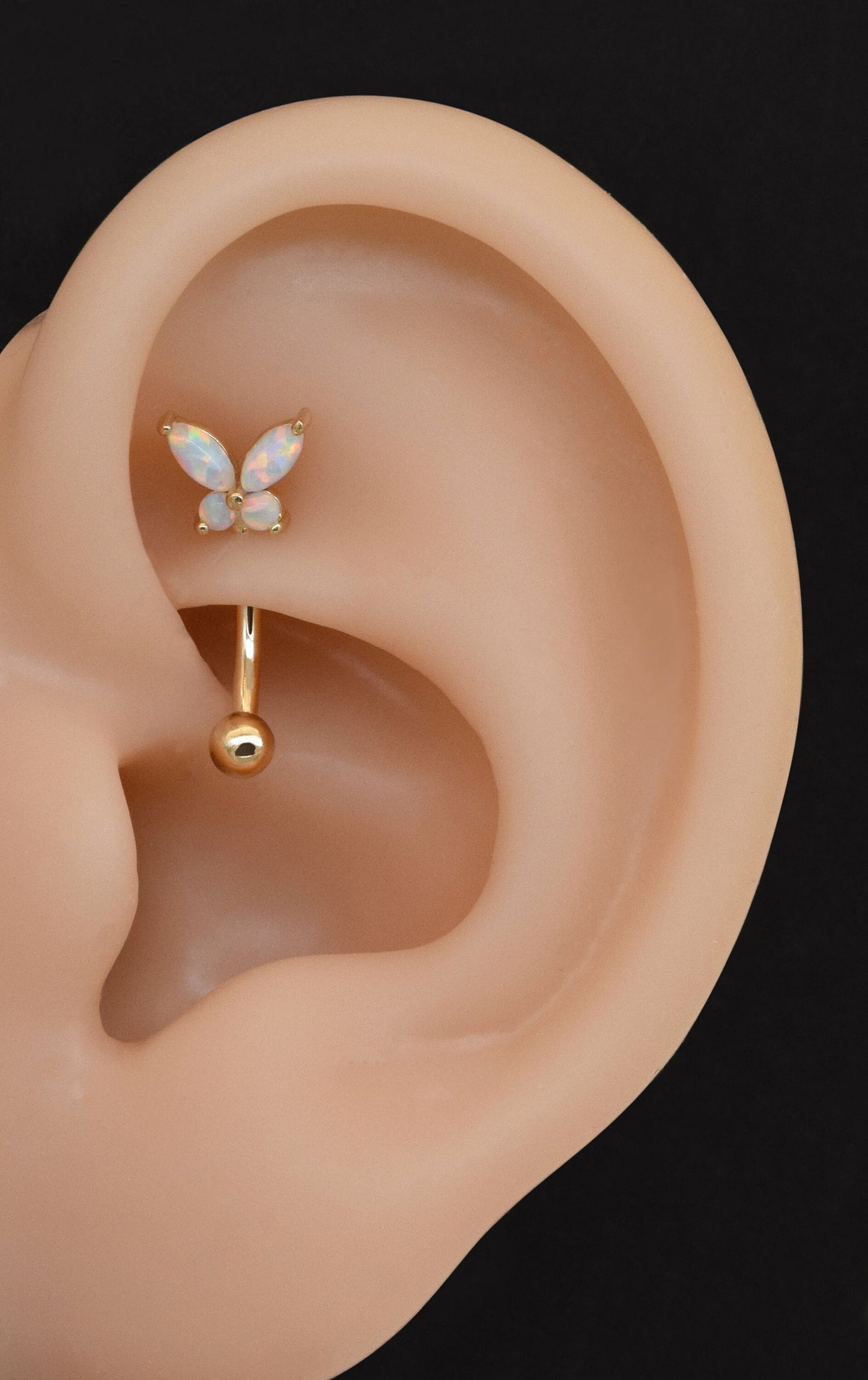 14K Solid Gold Butterfly Opal Curved Barbell 16G