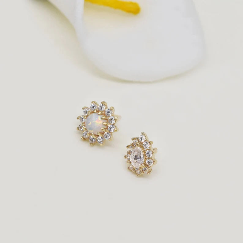 14K Gold Opal Sunflower Stud Cartilage Earring