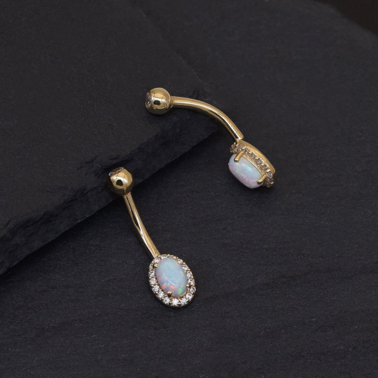 14K Solid Gold Oval Opal Belly Button Ring with Diamond Barbell 14g