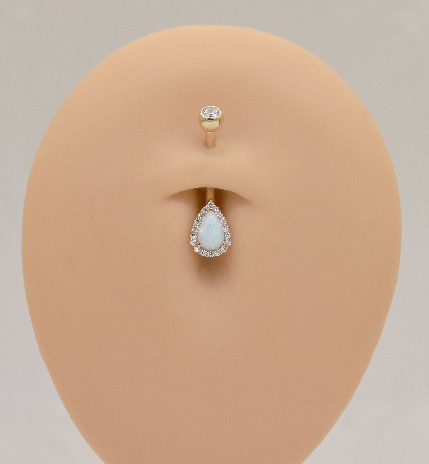 14K Solid Gold Heart Opal Belly Ring Pear Shape Navel Piercing 14g
