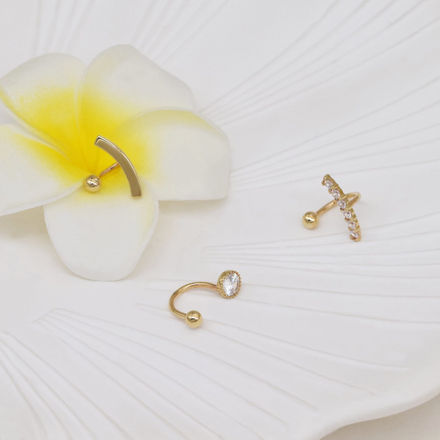 14K Solid Gold U-Shape Double Hole Screw Ball Huggie Earring 18g