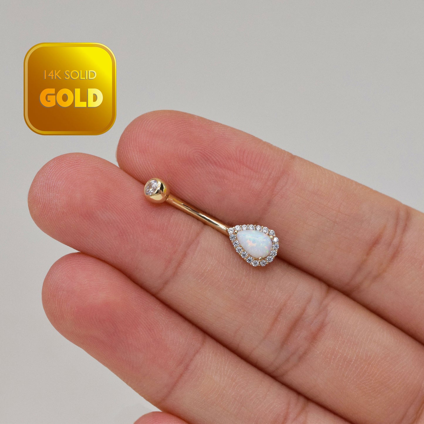 14K Solid Gold Heart Opal Belly Ring Pear Shape Navel Piercing 14g