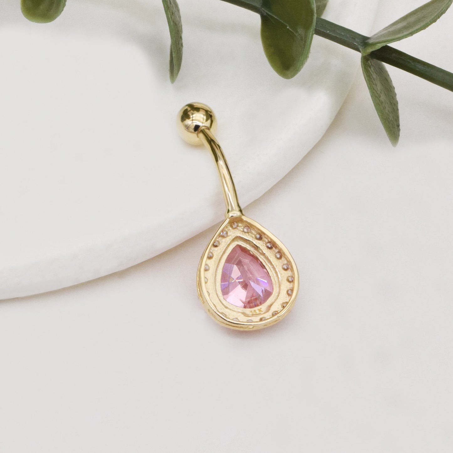 14K Solid Gold Pink Teardrop Belly Ring 14G