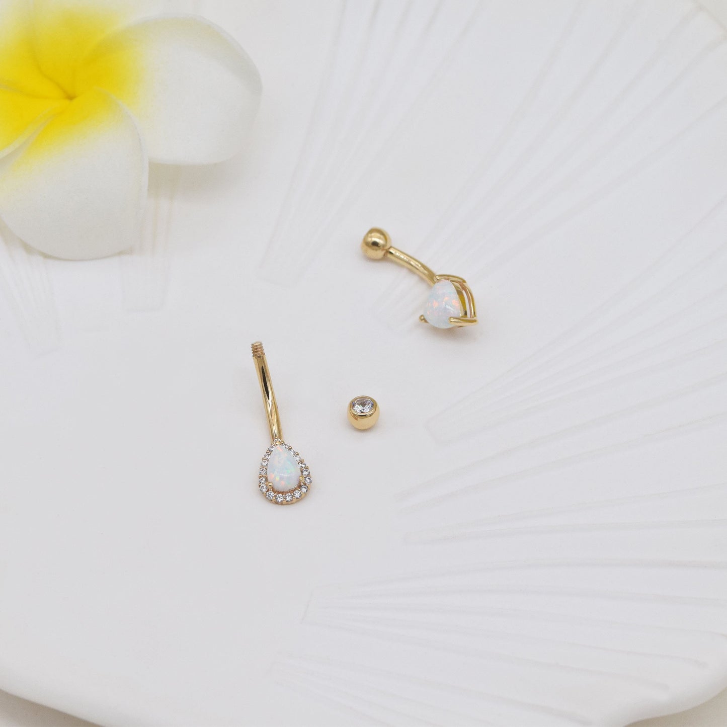 14K Solid Gold Heart Opal Belly Ring Pear Shape Navel Piercing 14g
